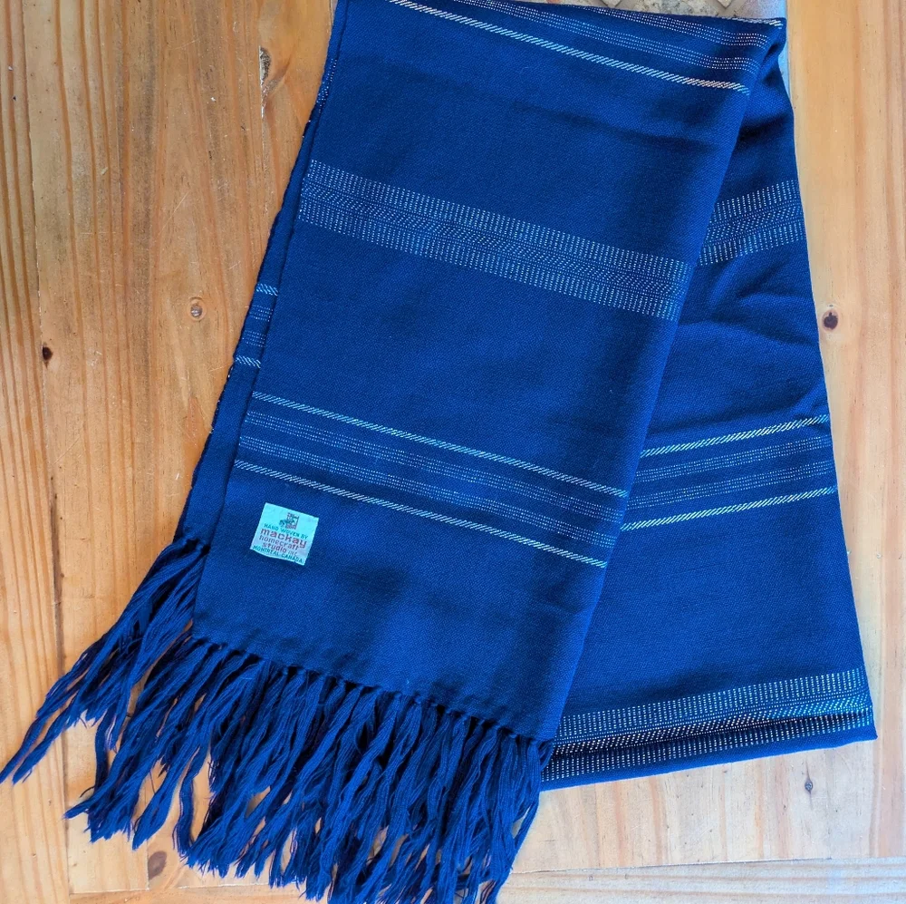 Hand Woven Blue Fringed Scarf From Mackay Home Craft Studio - Picture 1 of 6